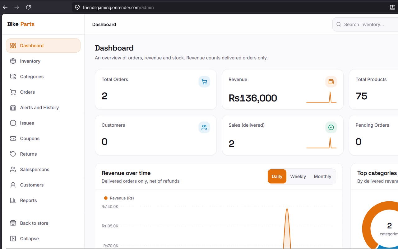 Bike Parts admin dashboard showing orders, revenue and stock